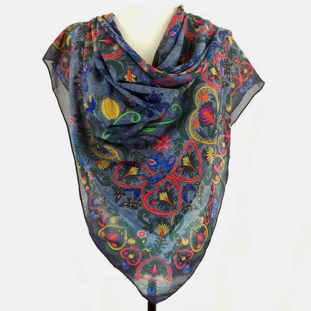 Floral Hippie Shawl. Printed Denim Swedish Folk Chiffon Scarf - Picture 7 of 12